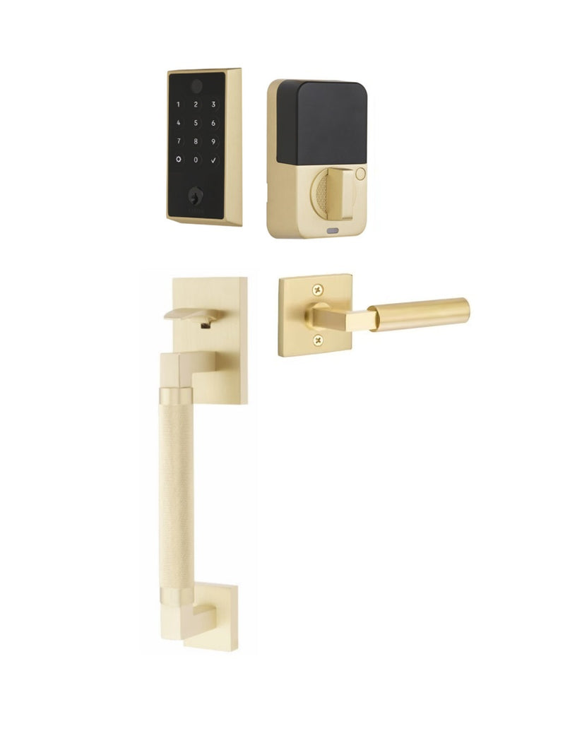 The Emtek EMPowered 2 Touch Entry Set with Hercules Knurled Grip and Interior Hercules Lever in Satin Brass finish.