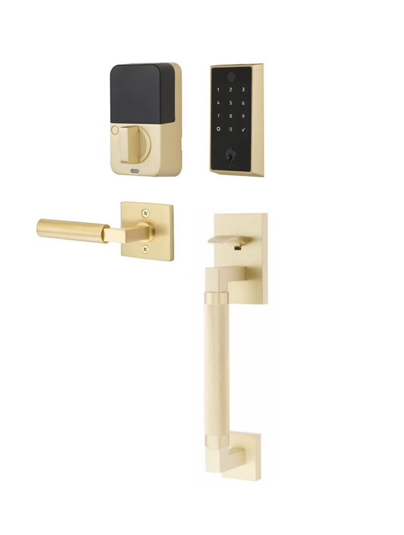 The Emtek EMPowered 2 Touch Entry Set with Hercules Knurled Grip and Interior Hercules Lever in Satin Brass finish.