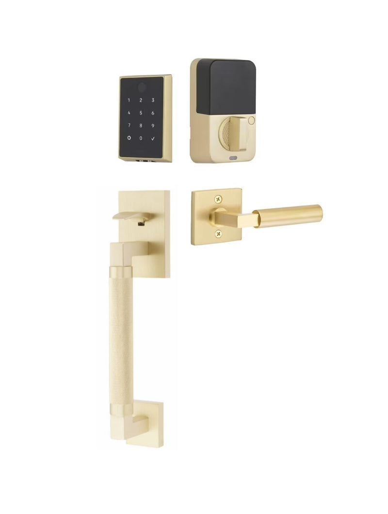 The Emtek EMPowered 2 Touch Entry Set with Hercules Knurled Grip and Interior Hercules Lever in Satin Brass finish.