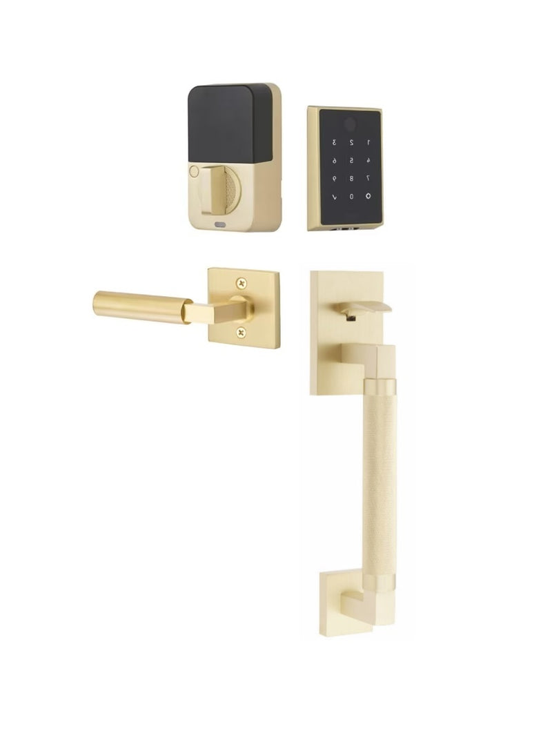 The Emtek EMPowered 2 Touch Entry Set with Hercules Knurled Grip and Interior Hercules Lever in Satin Brass finish.