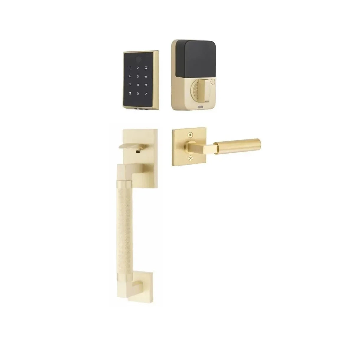 The Emtek EMPowered 2 Touch Entry Set with Hercules Knurled Grip and Interior Hercules Lever in Satin Brass finish.