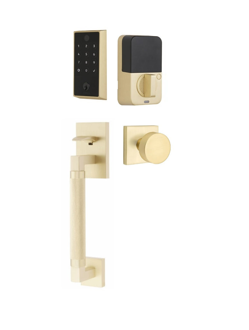 The Emtek EMPowered 2 Touch Entry Set with Hercules Knurled Grip and Interior Round Knob in Satin Brass finish.