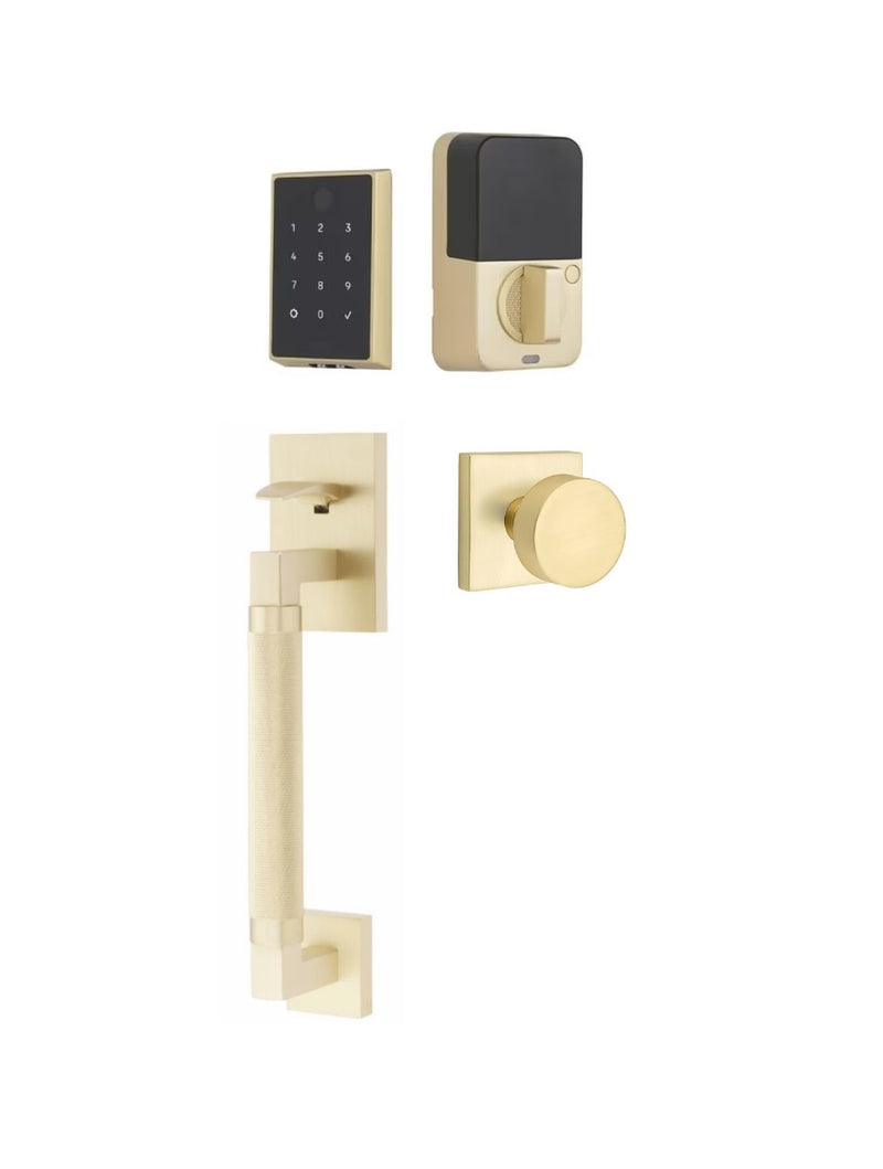 The Emtek EMPowered 2 Touch Entry Set with Hercules Knurled Grip and Interior Round Knob in Satin Brass finish.