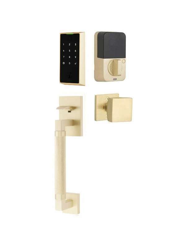 The Emtek EMPowered 2 Touch Entry Set with Hercules Knurled Grip and Interior Square Knob in Satin Brass finish.