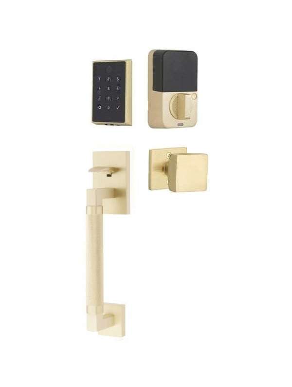 The Emtek EMPowered 2 Touch Entry Set with Hercules Knurled Grip and Interior Square Knob in Satin Brass finish.