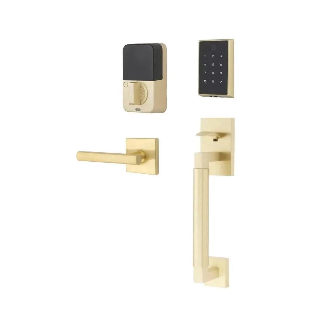 The Emtek EMPowered 2 Touch Entry Set with Hercules Smooth Grip and Interior Freestone Lever in Satin Brass finish.