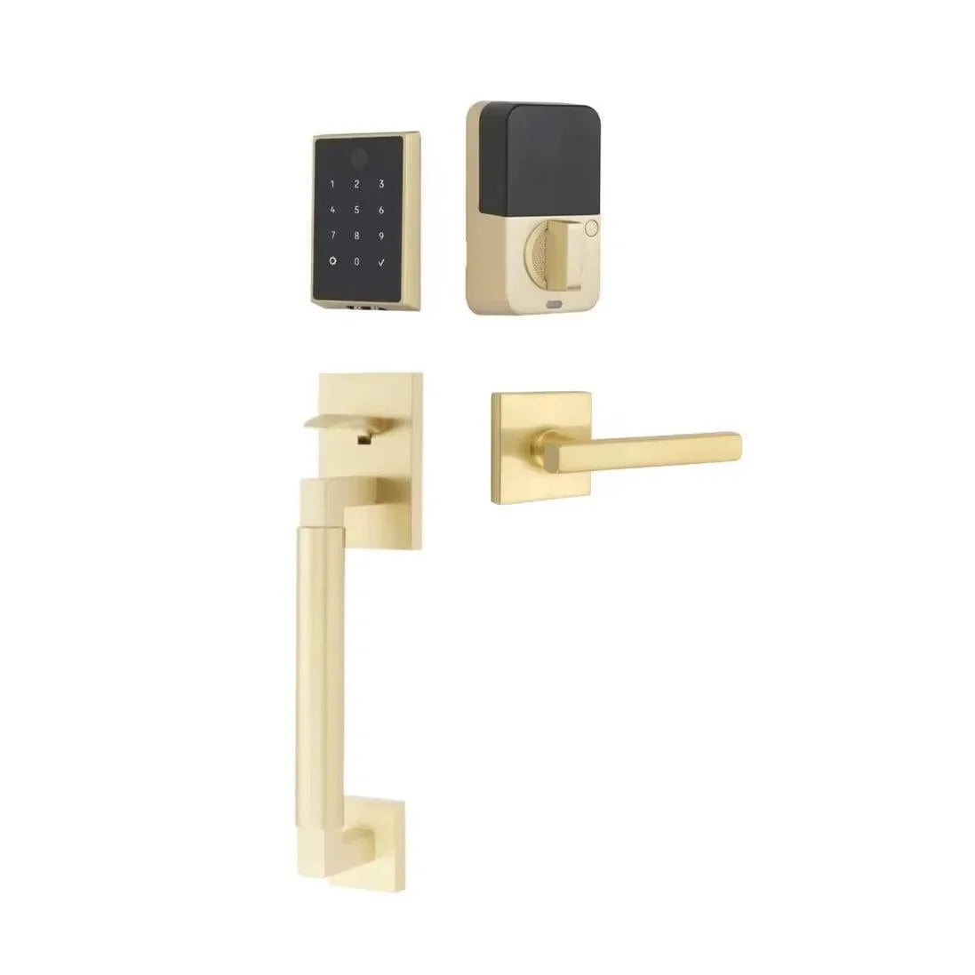 The Emtek EMPowered 2 Touch Entry Set with Hercules Smooth Grip and Interior Freestone Lever in Satin Brass finish.