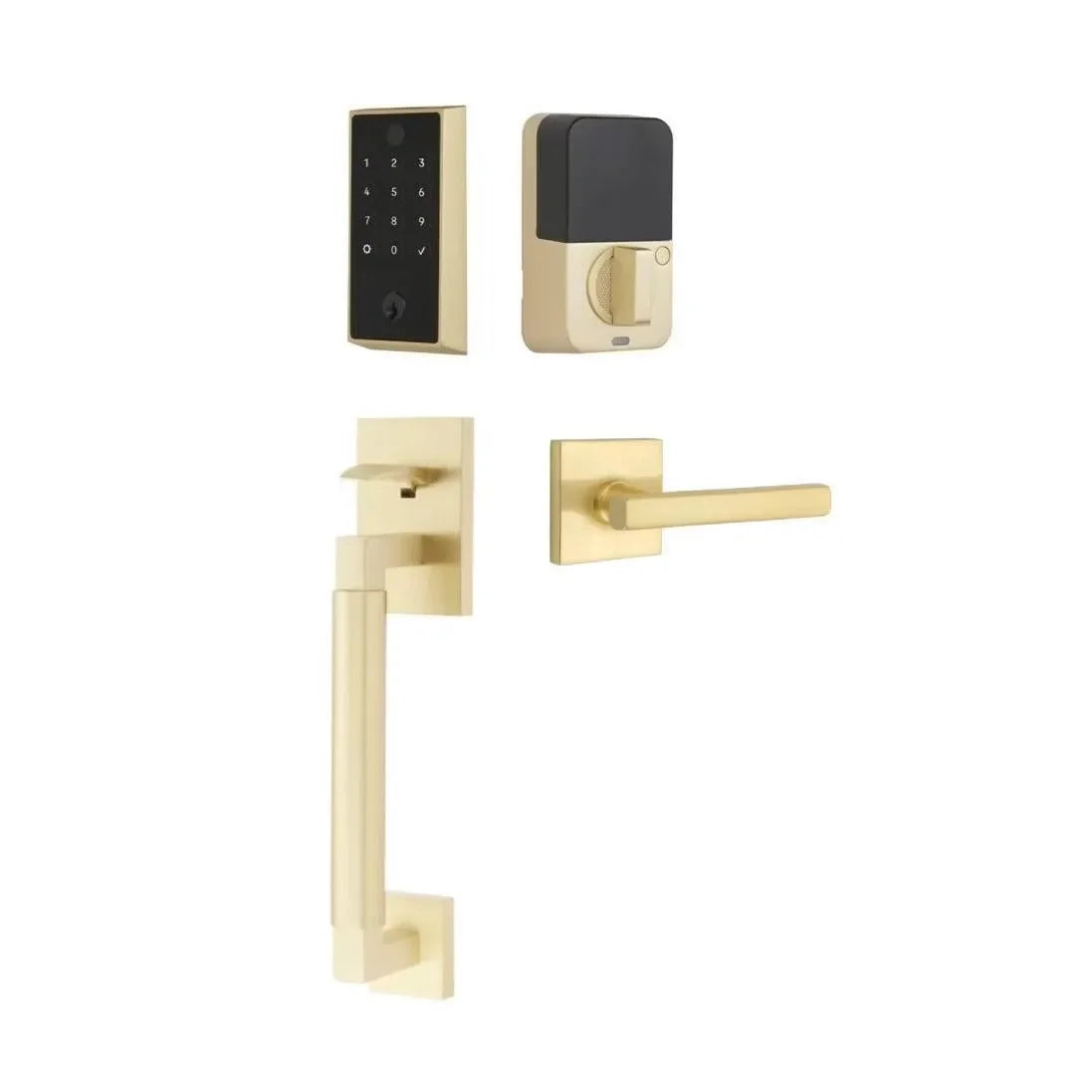 The Emtek EMPowered 2 Touch Entry Set with Hercules Smooth Grip and Interior Freestone Lever in Satin Brass finish.