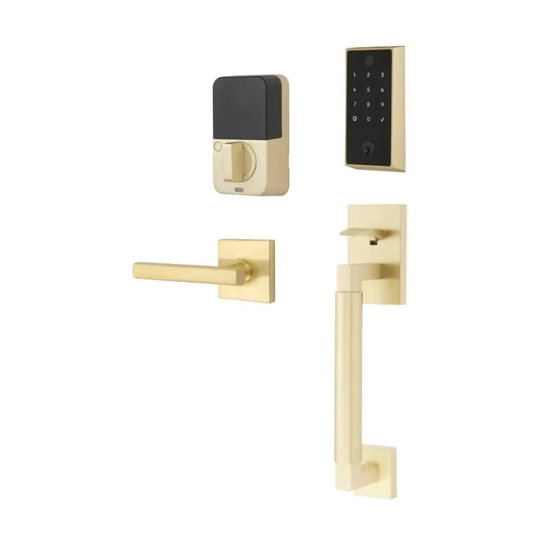 The Emtek EMPowered 2 Touch Entry Set with Hercules Smooth Grip and Interior Freestone Lever in Satin Brass finish.