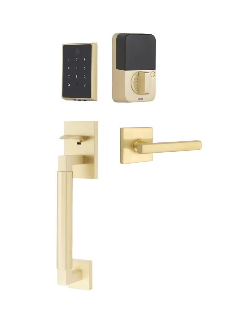 The Emtek EMPowered 2 Touch Entry Set with Hercules Smooth Grip and Interior Freestone Lever in Satin Brass finish.