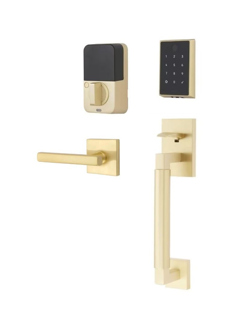 The Emtek EMPowered 2 Touch Entry Set with Hercules Smooth Grip and Interior Freestone Lever in Satin Brass finish.