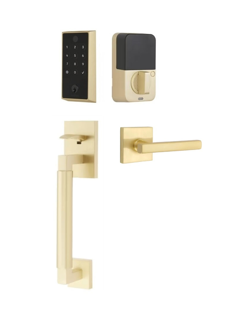 The Emtek EMPowered 2 Touch Entry Set with Hercules Smooth Grip and Interior Freestone Lever in Satin Brass finish.