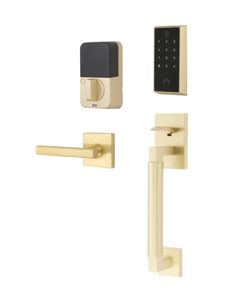 The Emtek EMPowered 2 Touch Entry Set with Hercules Smooth Grip and Interior Freestone Lever in Satin Brass finish.