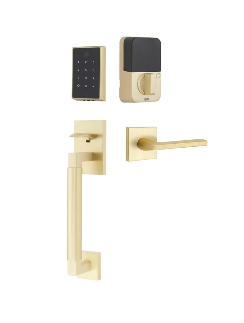 The Emtek EMPowered 2 Touch Entry Set with Hercules Smooth Grip and Interior Helios Lever in Satin Brass finish.