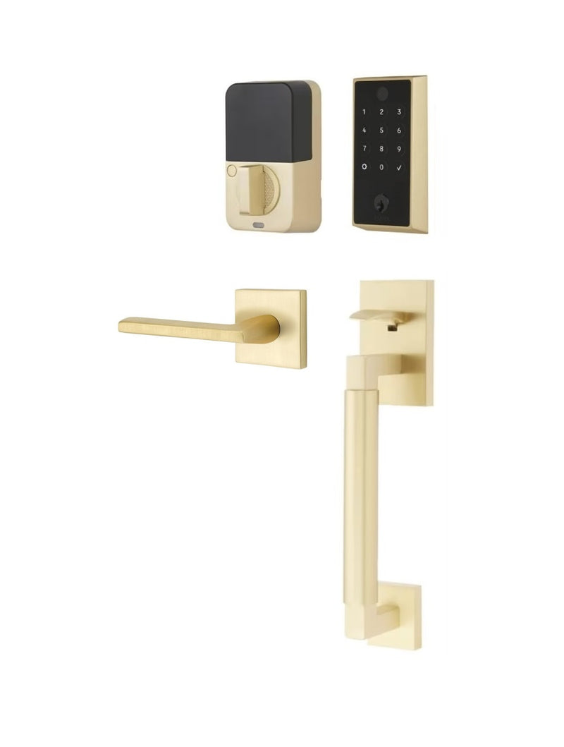 The Emtek EMPowered 2 Touch Entry Set with Hercules Smooth Grip and Interior Helios Lever in Satin Brass finish.