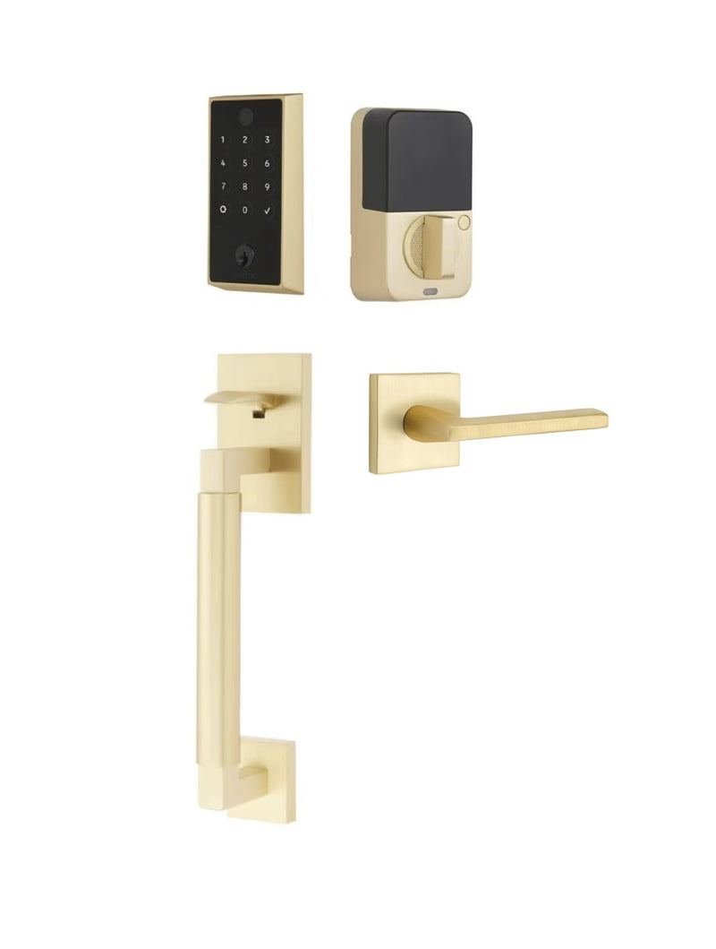 The Emtek EMPowered 2 Touch Entry Set with Hercules Smooth Grip and Interior Helios Lever in Satin Brass finish.