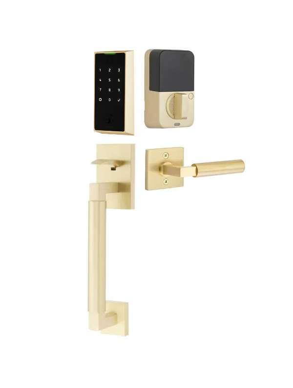 The Emtek EMPowered 2 Touch Key Free Entry Set with Hercules Smooth Grip and Interior Hercules Lever in Satin Brass finish.