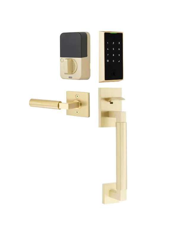 The Emtek EMPowered 2 Touch Key Free Entry Set with Hercules Smooth Grip and Interior Hercules Lever in Satin Brass finish.