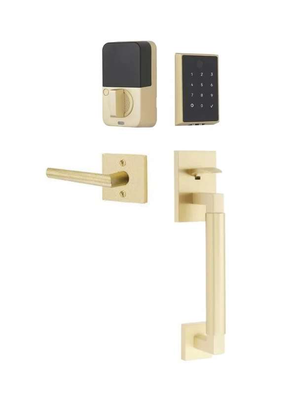 The Emtek EMPowered 2 Touch Entry Set with Hercules Smooth Grip and Interior Stuttgart Lever in Satin Brass finish.