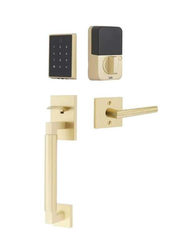 The Emtek EMPowered 2 Touch Entry Set with Hercules Smooth Grip and Interior Stuttgart Lever in Satin Brass finish.