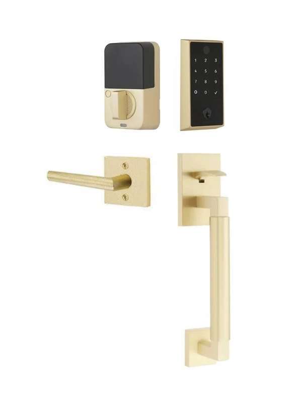 The Emtek EMPowered 2 Touch Entry Set with Hercules Smooth Grip and Interior Stuttgart Lever in Satin Brass finish.