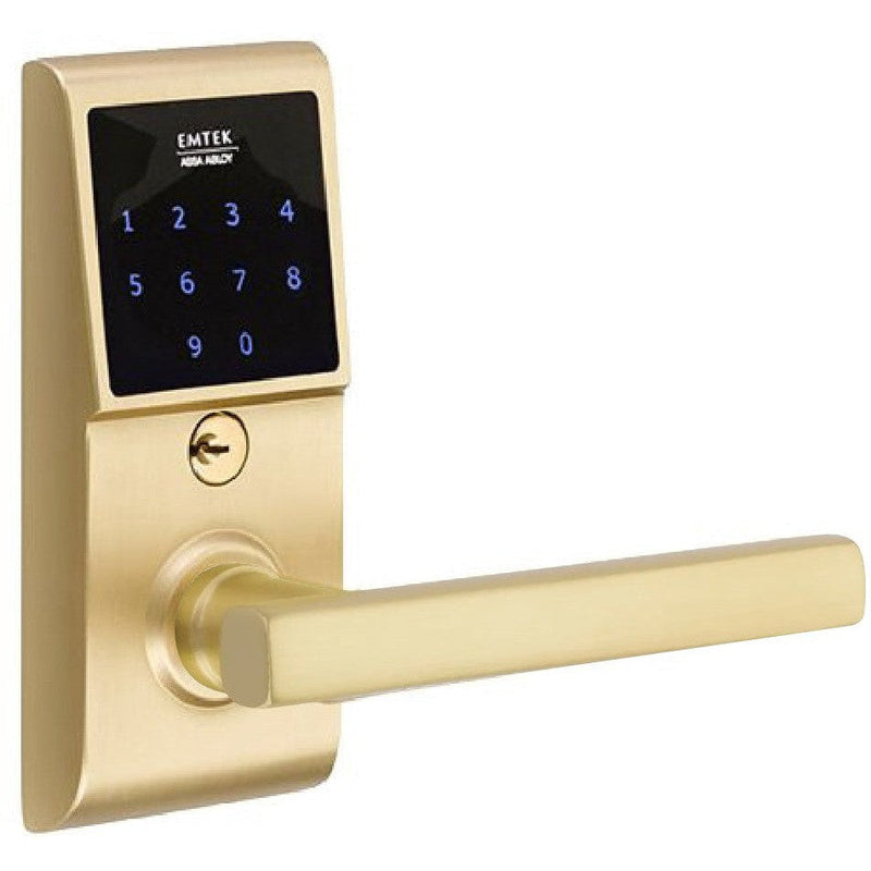 Emtek EMTouch Electronic Touchscreen Keypad Leverset with Freestone Lever in Satin Brass finish