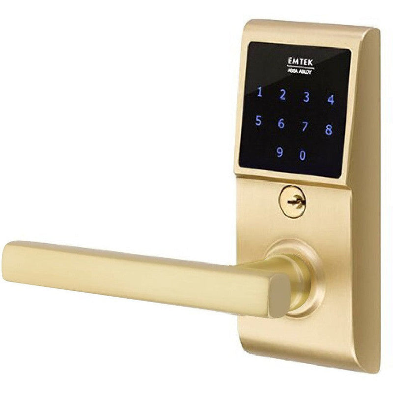 Emtek EMTouch Electronic Touchscreen Keypad Leverset with Freestone Lever in Satin Brass finish