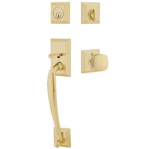 Emtek Franklin Tubular Entrance Handleset With Freestone Square Knob in Satin Brass finish