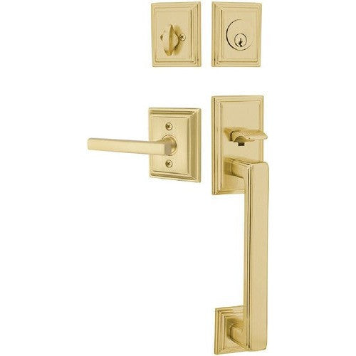 Emtek Hamden Tubular Entrance Handleset With Freestone Lever in Satin Brass finish