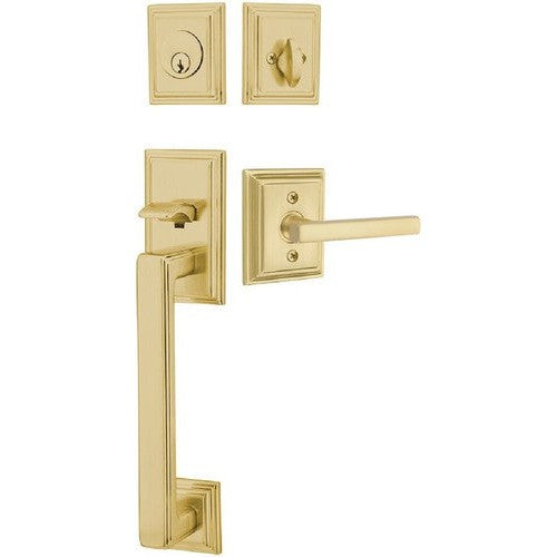 Emtek Hamden Tubular Entrance Handleset With Freestone Lever in Satin Brass finish