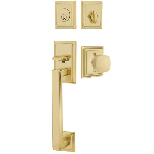 Emtek Hamden Tubular Entrance Handleset With Freestone Square Knob in Satin Brass finish