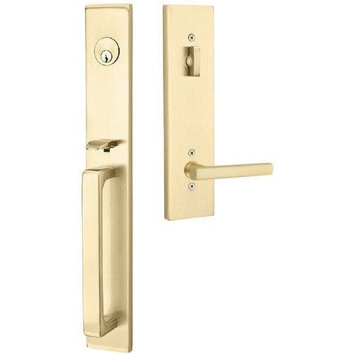 Emtek Lausanne Entrance Handleset With Freestone Lever in Satin Brass finish