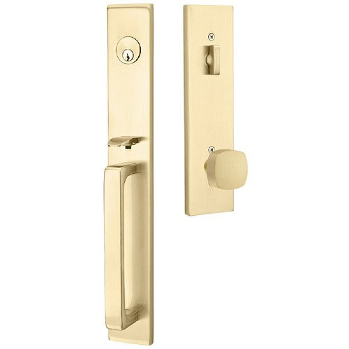 Emtek Lausanne Entrance Handleset With Freestone Square Knob in Satin Brass finish