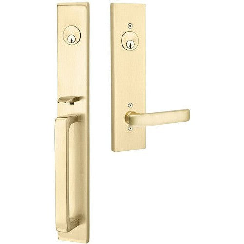 Emtek Lausanne Tubular Entrance Handleset Single Cylinder with Geneva Lever in Satin Brass finish