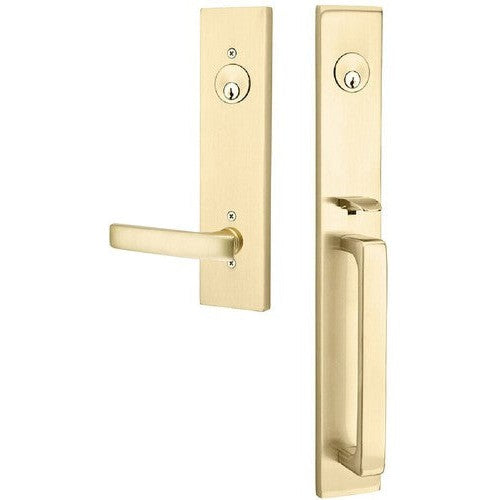 Emtek Lausanne Tubular Entrance Handleset Single Cylinder with Geneva Lever in Satin Brass finish