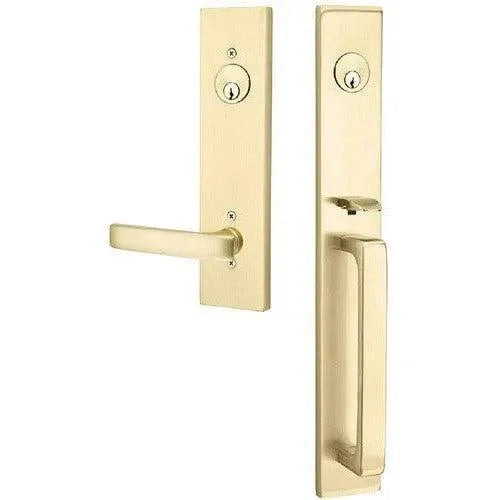 Emtek Lausanne Tubular Entrance Handleset Single Cylinder with Geneva Lever in Satin Brass finish