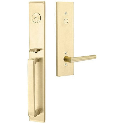 Emtek Lausanne Tubular Entrance Handleset With Stuttgart Lever in Satin Brass finish