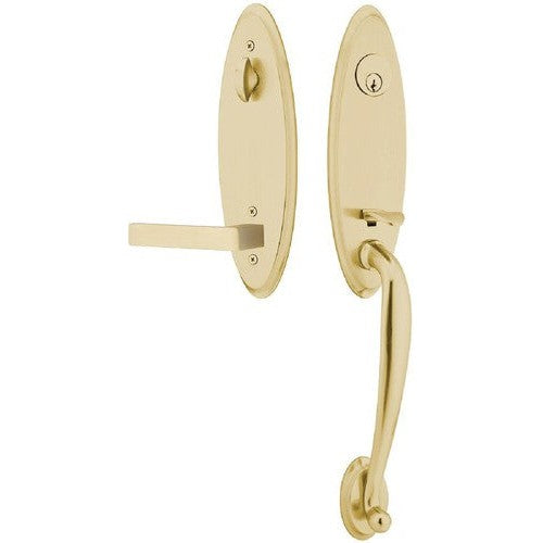 Emtek Marietta Tubular Entrance Handleset With Dumont Lever in Satin Brass finish