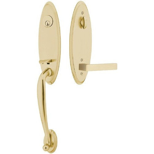 Emtek Marietta Tubular Entrance Handleset With Dumont Lever in Satin Brass finish