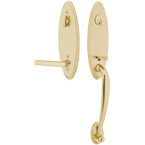 Emtek Marietta Tubular Entrance Handleset With Freestone Lever in Satin Brass finish