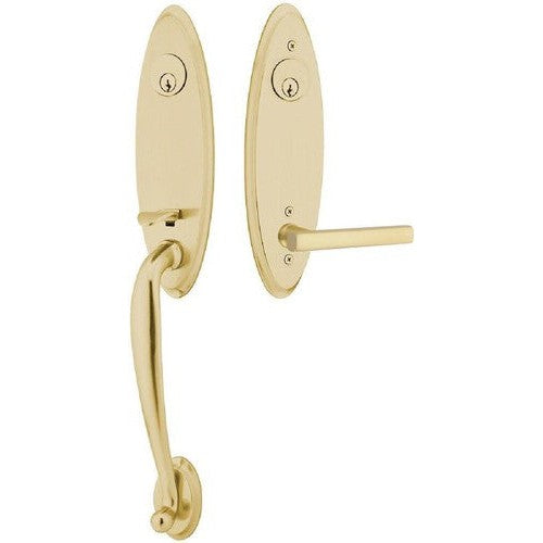 Emtek Marietta Tubular Entrance Handleset With Freestone Lever in Satin Brass finish