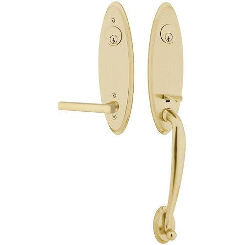 Emtek Marietta Tubular Entrance Handleset With Freestone Lever in Satin Brass finish