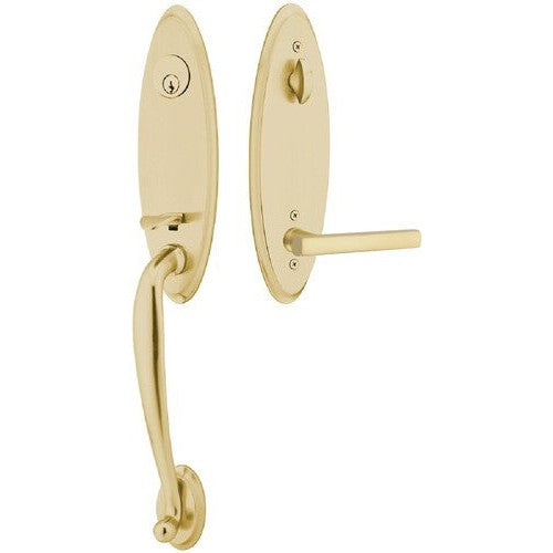 Emtek Marietta Tubular Entrance Handleset With Freestone Lever in Satin Brass finish