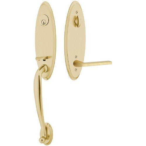 Emtek Marietta Tubular Entrance Handleset With Helios Lever in Satin Brass finish