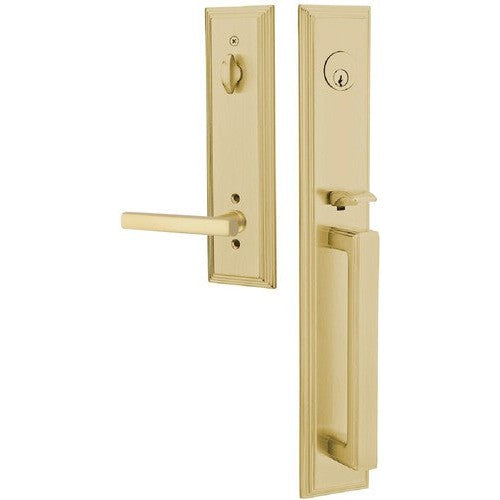 Emtek Melrose Tubular Entrance Handleset With Freestone Lever in Satin Brass finish