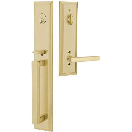 Emtek Melrose Tubular Entrance Handleset With Freestone Lever in Satin Brass finish