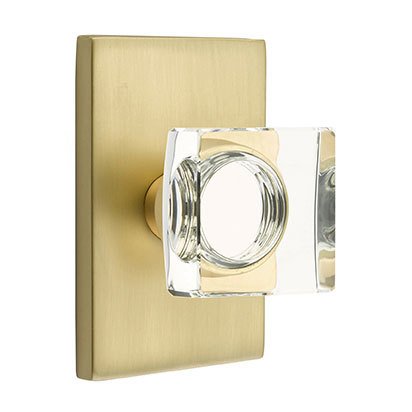 Emtek Modern Square Crystal Knob with Modern Rectangular Rosette in Satin Brass finish