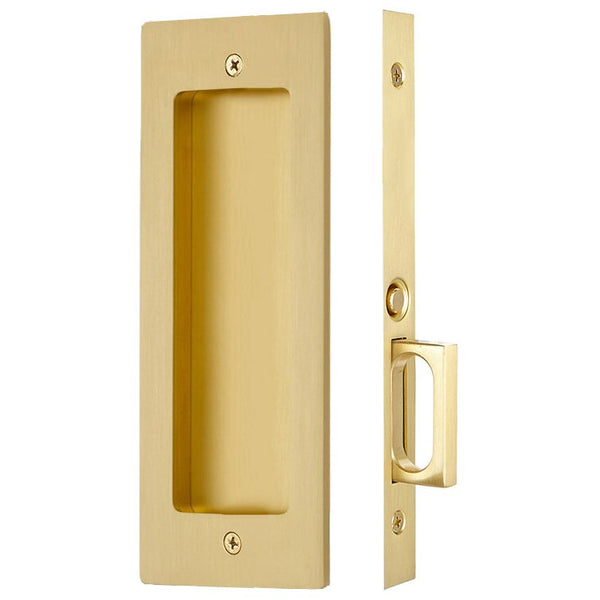 The Emtek Passage Modern Rectangular Pocket Door Mortise Lock in Satin Brass finish