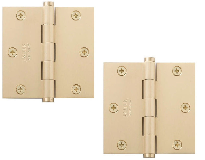 Emtek Residential Duty Solid Brass Plain Bearing Hinge, 3.5" x 3.5" with Square Corners in Satin Brass finish