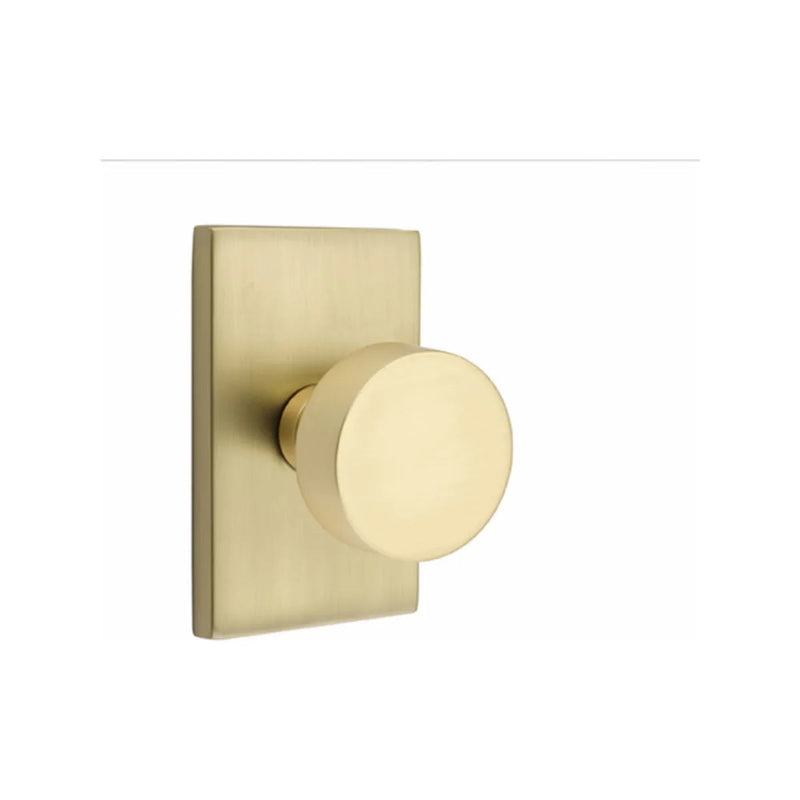 Emtek Round Knob With Modern Rectangular Rosette in Satin Brass finish